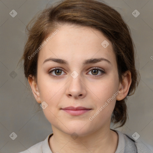 Neutral white young-adult female with medium  brown hair and brown eyes