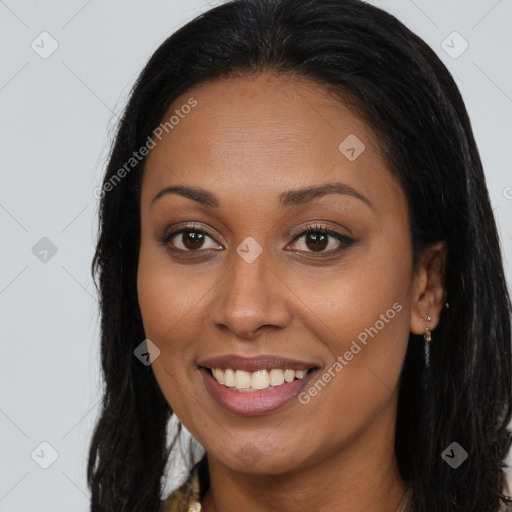 Joyful asian young-adult female with long  brown hair and brown eyes