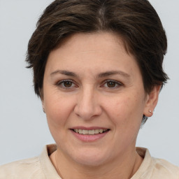 Joyful white adult female with short  brown hair and grey eyes