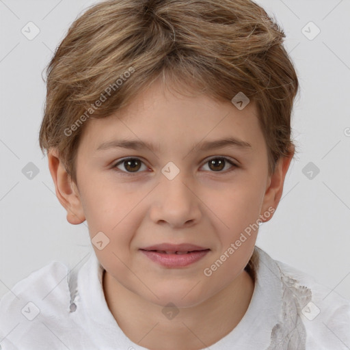 Joyful white child female with short  brown hair and brown eyes