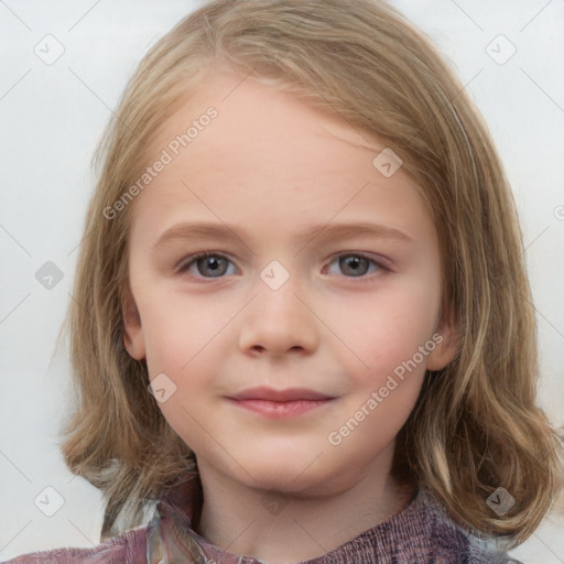 Neutral white child female with medium  brown hair and blue eyes