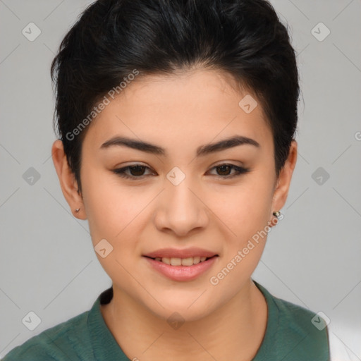 Joyful asian young-adult female with short  brown hair and brown eyes