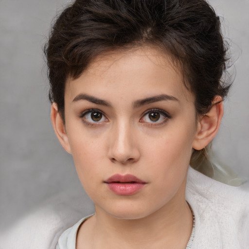 Neutral white young-adult female with medium  brown hair and brown eyes