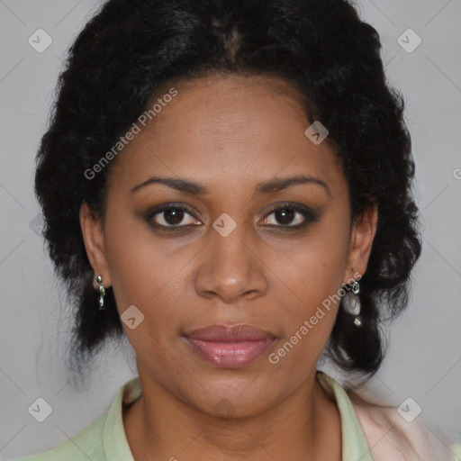 Joyful latino adult female with medium  brown hair and brown eyes