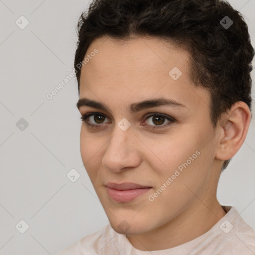 Joyful white young-adult female with short  brown hair and brown eyes