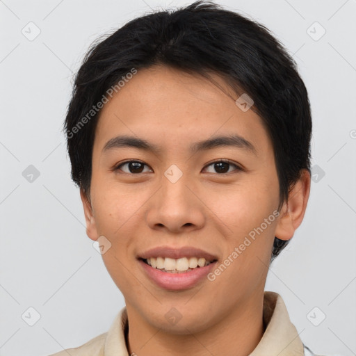 Joyful asian young-adult male with short  brown hair and brown eyes