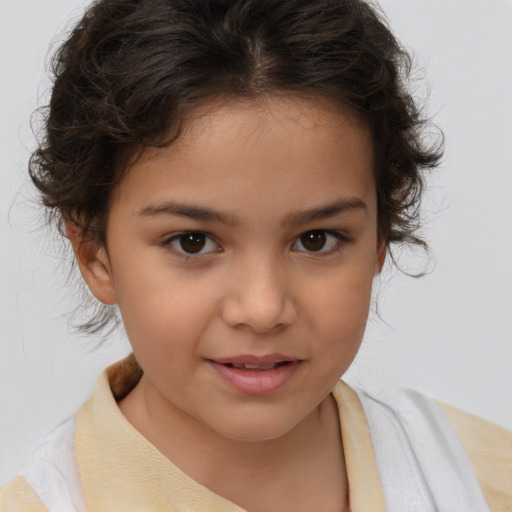 Joyful white child female with medium  brown hair and brown eyes