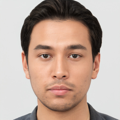 Neutral asian young-adult male with short  black hair and brown eyes