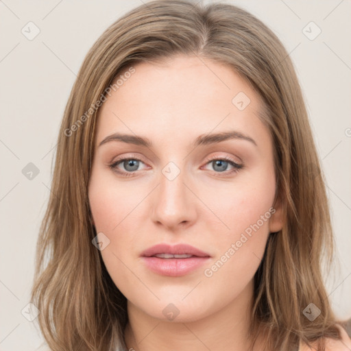 Neutral white young-adult female with medium  brown hair and grey eyes