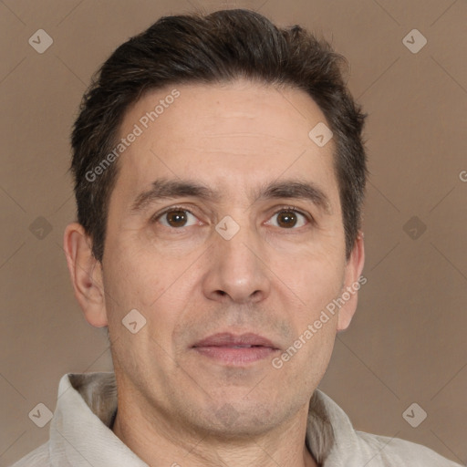 Neutral white adult male with short  brown hair and brown eyes