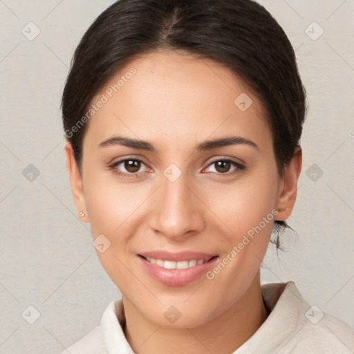 Joyful white young-adult female with medium  brown hair and brown eyes