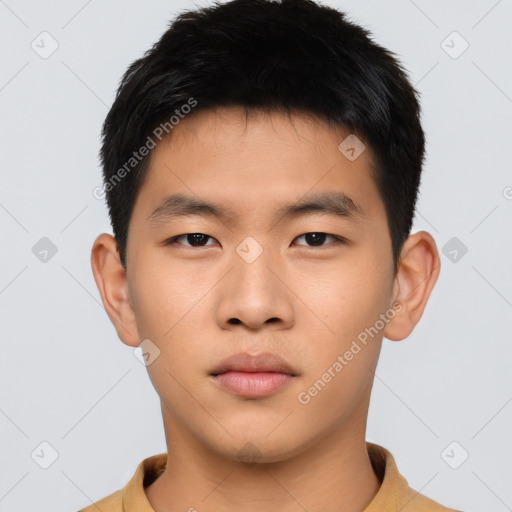 Neutral asian young-adult male with short  brown hair and brown eyes