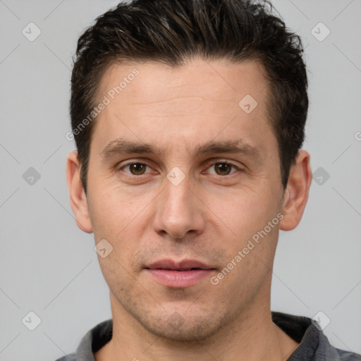 Neutral white adult male with short  brown hair and brown eyes