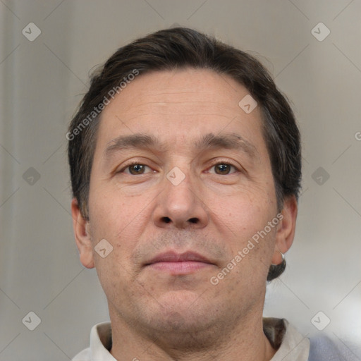 Neutral white adult male with short  brown hair and brown eyes