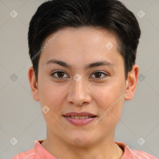 Joyful white young-adult female with short  brown hair and brown eyes