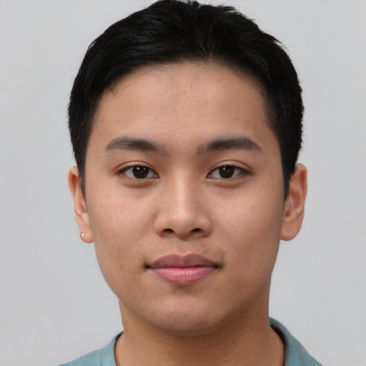 Neutral asian young-adult male with short  black hair and brown eyes