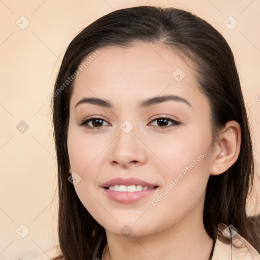 Joyful white young-adult female with long  brown hair and brown eyes