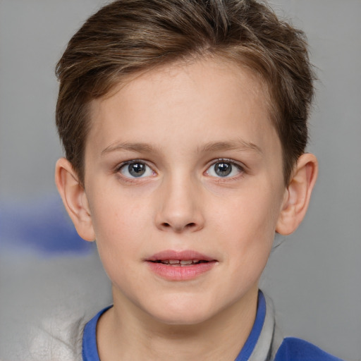 Joyful white child female with short  brown hair and blue eyes