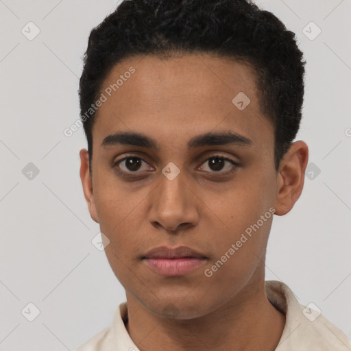 Neutral latino young-adult male with short  black hair and brown eyes