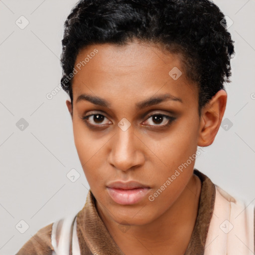 Neutral black young-adult female with short  brown hair and brown eyes