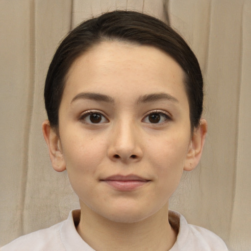 Neutral white young-adult female with short  brown hair and brown eyes