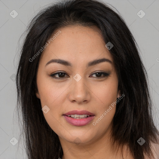 Joyful asian young-adult female with long  brown hair and brown eyes