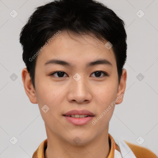 Joyful asian young-adult female with short  brown hair and brown eyes