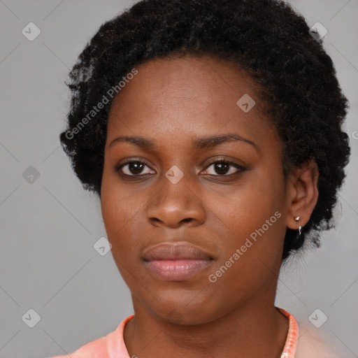 Neutral black young-adult female with short  black hair and brown eyes