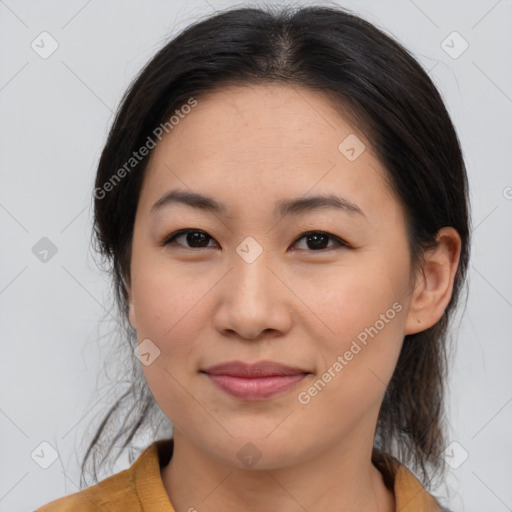 Joyful white young-adult female with medium  brown hair and brown eyes