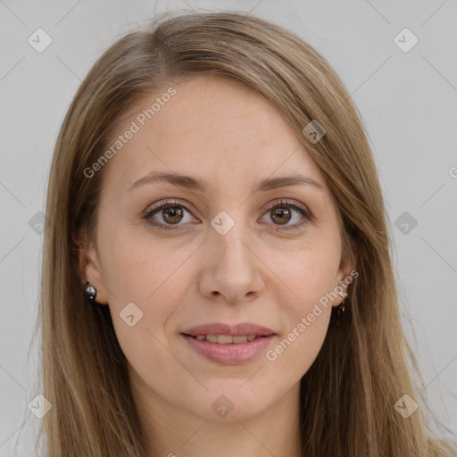 Joyful white young-adult female with long  brown hair and grey eyes