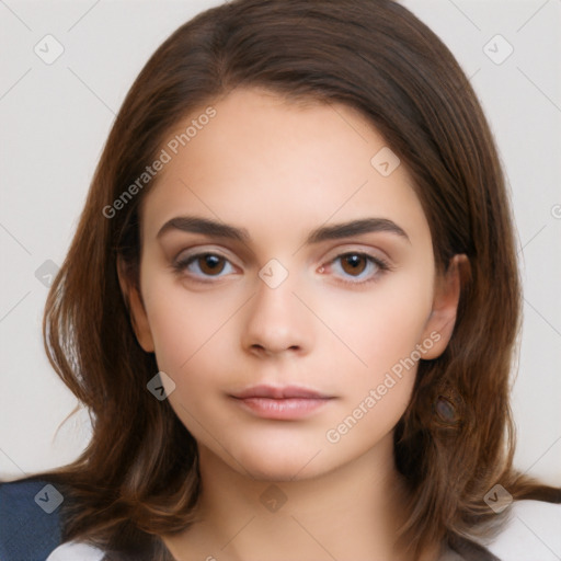 Neutral white young-adult female with medium  brown hair and brown eyes