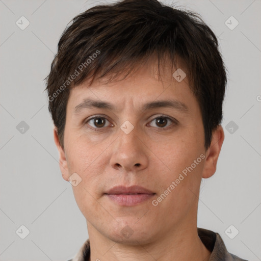 Neutral white adult male with short  brown hair and brown eyes