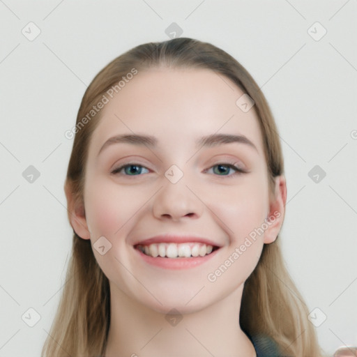 Joyful white young-adult female with long  brown hair and blue eyes