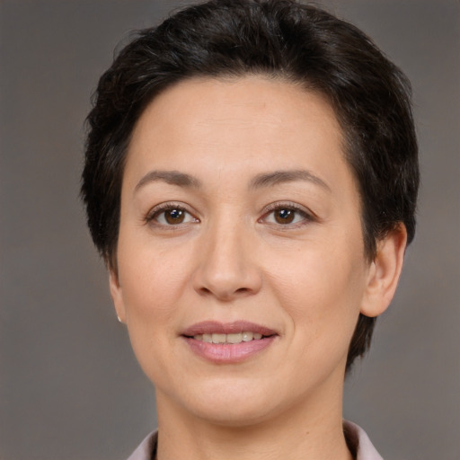 Joyful white adult female with medium  brown hair and brown eyes