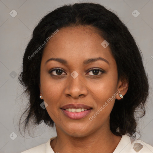 Joyful black young-adult female with medium  black hair and brown eyes