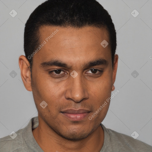 Neutral white young-adult male with short  black hair and brown eyes
