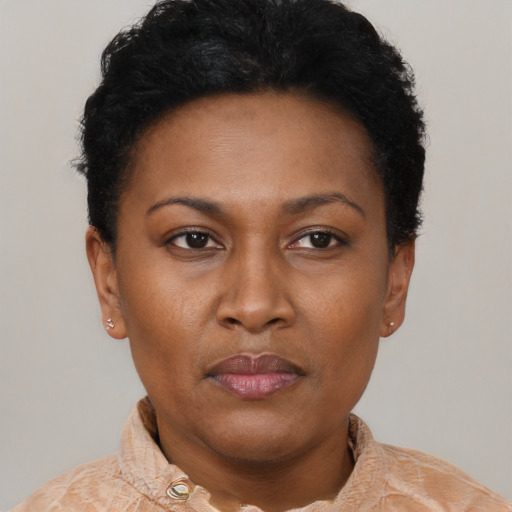 Neutral black young-adult female with short  black hair and brown eyes