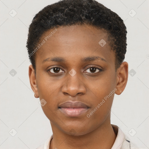 Neutral black young-adult female with short  brown hair and brown eyes