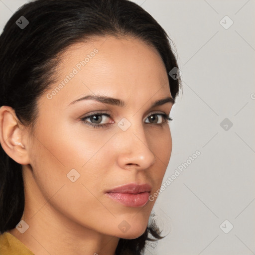 Neutral white young-adult female with medium  brown hair and brown eyes