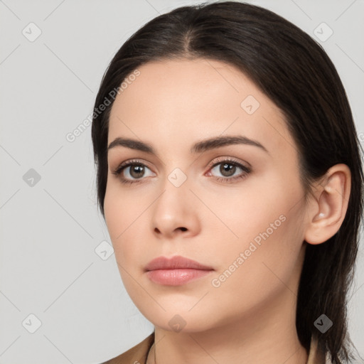 Neutral white young-adult female with medium  brown hair and brown eyes