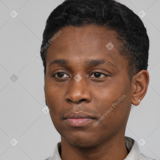 Neutral black young-adult male with short  black hair and brown eyes