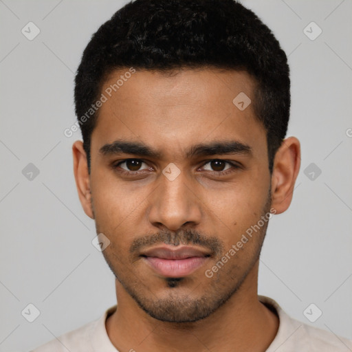 Neutral latino young-adult male with short  black hair and brown eyes