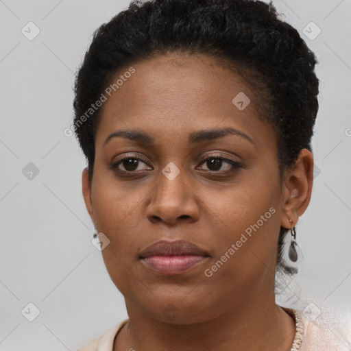 Neutral black young-adult female with short  brown hair and brown eyes