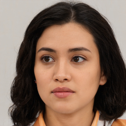 Neutral asian young-adult female with medium  brown hair and brown eyes