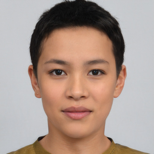 Neutral asian young-adult female with short  black hair and brown eyes