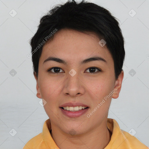 Joyful asian young-adult female with short  brown hair and brown eyes