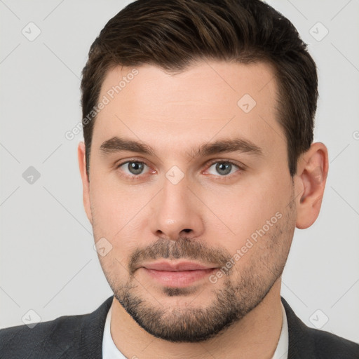 Neutral white young-adult male with short  brown hair and brown eyes