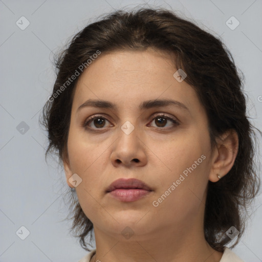 Neutral white young-adult female with medium  brown hair and brown eyes