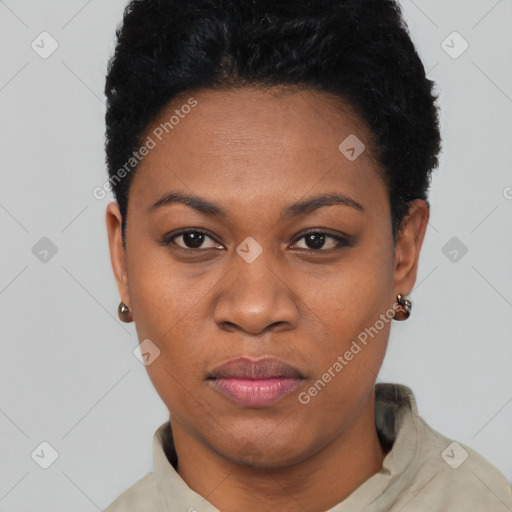 Joyful black young-adult female with short  black hair and brown eyes