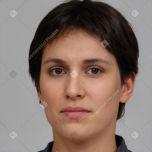 Neutral white young-adult female with short  brown hair and brown eyes